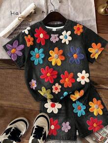 Conjunto de 2 piezas para niña preadolescente, camiseta de manga corta con cuello redondo y shorts holgados, estilo casual y lindo, con textura y estampado floral menudo, todo negro, floral campestre, para verano - Multicolor - Ver 3