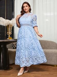 Reflora Plus Size Women's White Lace Midi Dress, Elegant Short Sleeve Summer Dress - Multicolor - View 6