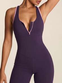 SHEIN BAE 女士撞色镂空后背连体裤，休闲健身运动服 - Bold Plum - 查看 5