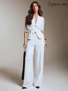 COSMINA Women's Mesh Patchwork Waist-Cinched Blazer & Wide Leg Pants Set - White - View 6
