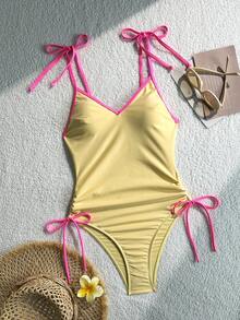 Swim Vcay 女款春夏純色細肩帶綁帶連身泳衣 - 黃色 - 查看 4