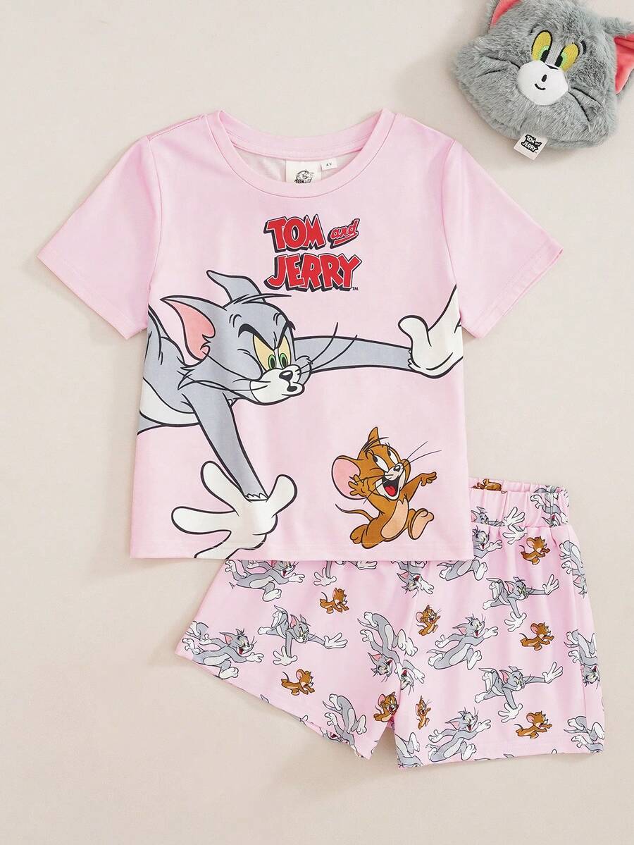TOM & JERRY X SHEIN Young Girl Cartoon Print Top & Shorts Loungewear - Pink - View 1