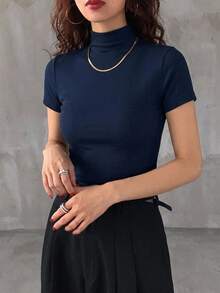 DAZY Women's Solid Color Turtleneck Fitted Undershirt - Navy Blue - View 6