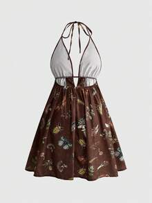 ROMWE Fairycore Summer Vacation Mushroom Moth Plant All-Over Print Halter Backless Mini Dress - Brown - View 2