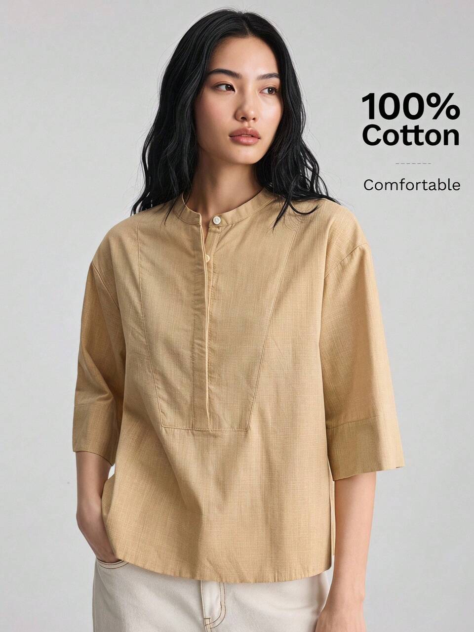Women Khaki Shirt, Summer All-Season Bohemian Style Vacation Outfits Seaside Women's Clothing Modern Urban Business Casual Fashion