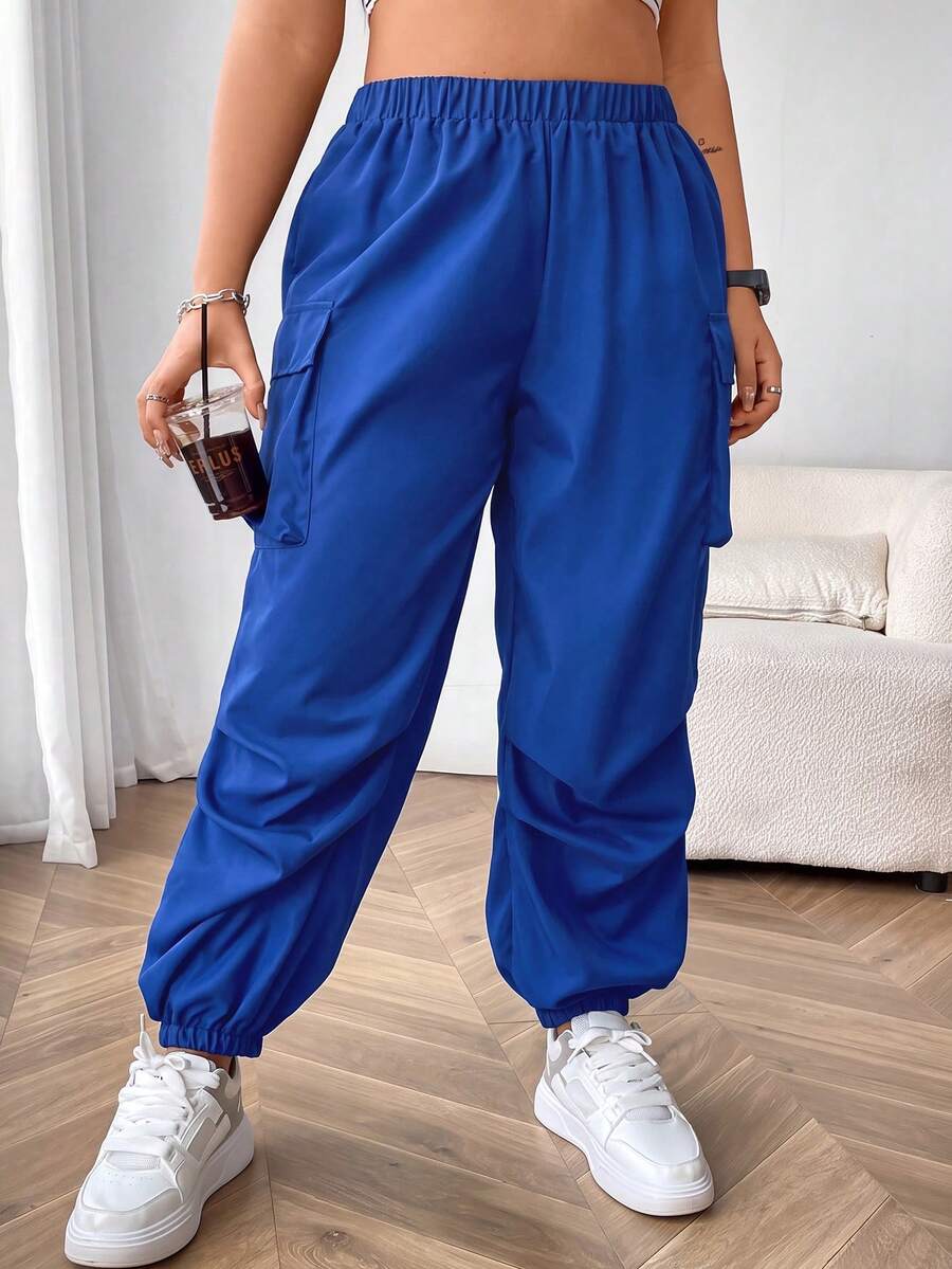Flirla Celana Kargo Kasual Ukuran Besar Warna Polos dengan Lipatan di Bagian Bawah untuk Musim Gugur - Royal Blue - View 1