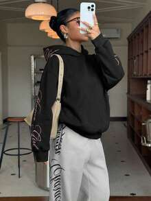 青少年女孩休閒極簡風粉色字母刺繡圖案寬鬆圓領舒適加厚長袖黑色運動衫，適合秋冬日常、街頭、戶外、Y2K、運動 - 彩色 - 查看 4