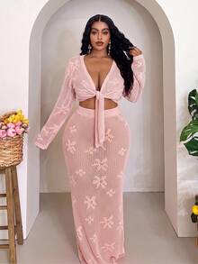 Slaydiva 大尺碼女款度假海灘純色鏤空針織上衣與裙子套裝，適合冬季與秋冬 - 粉色 - 查看 1