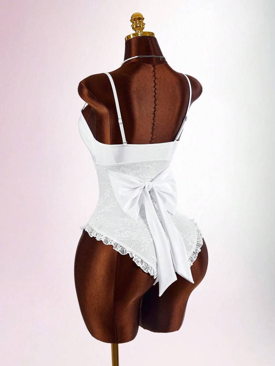Amplova Women's One-Piece Bandeau Swimsuit With Lace, Sexy And Avant-Garde, Suitable For Vacation Wear, Tie-Front, Bow Back, Ruffled Hem, Night White Summer - White - View 1