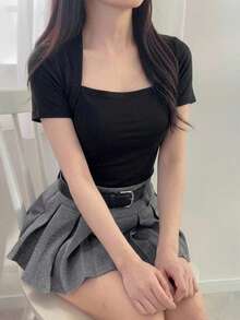 DAZY Women's Solid Color Mesh Patchwork Fitted Short Sleeve T-Shirt, Spring/Summer Cute Tops - Black - View 7