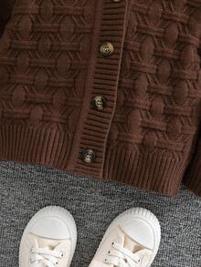 SHEIN Young Boy Solid Color Textured Long Sleeve Single-Breasted Knit Cardigan - Brown - View 8