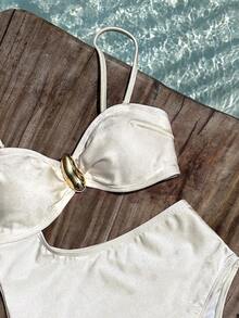 SHEIN Swim 吊带、腰部镂空、金属装饰设计女士优雅连体度假连衣裙 - 米色 - 查看 4