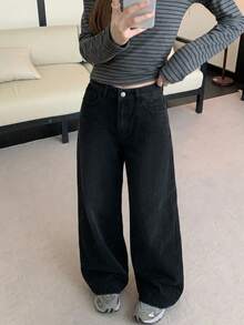 DAZY Celana Jeans Wanita Polos dengan Kancing Depan dan Saku, Model Kasual untuk Sehari-hari, Gaya Y2k - Hitam - View 12