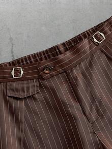 HIMLAND Pantalones holgados a rayas con diseño de hebilla en la cintura para hombre - Café integral - Ver 5