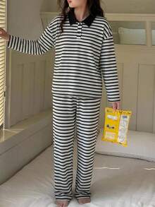 Dazy Kids 青少年女孩條紋上衣與長褲居家休閒服 - 黑與白 - 查看 4