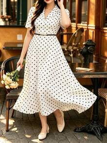 Auvina Plus Size Polka Dot Regular Shoulder Short Sleeve Elegant Summer Casual Dress - Apricot - View 3