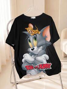 TOM & JERRY X SHEIN Plus Size Women Cute Cartoon Pattern Round Neck Short Sleeve T-Shirt, Summer Suitable For Going Out,Holiday For Women - White - View 1