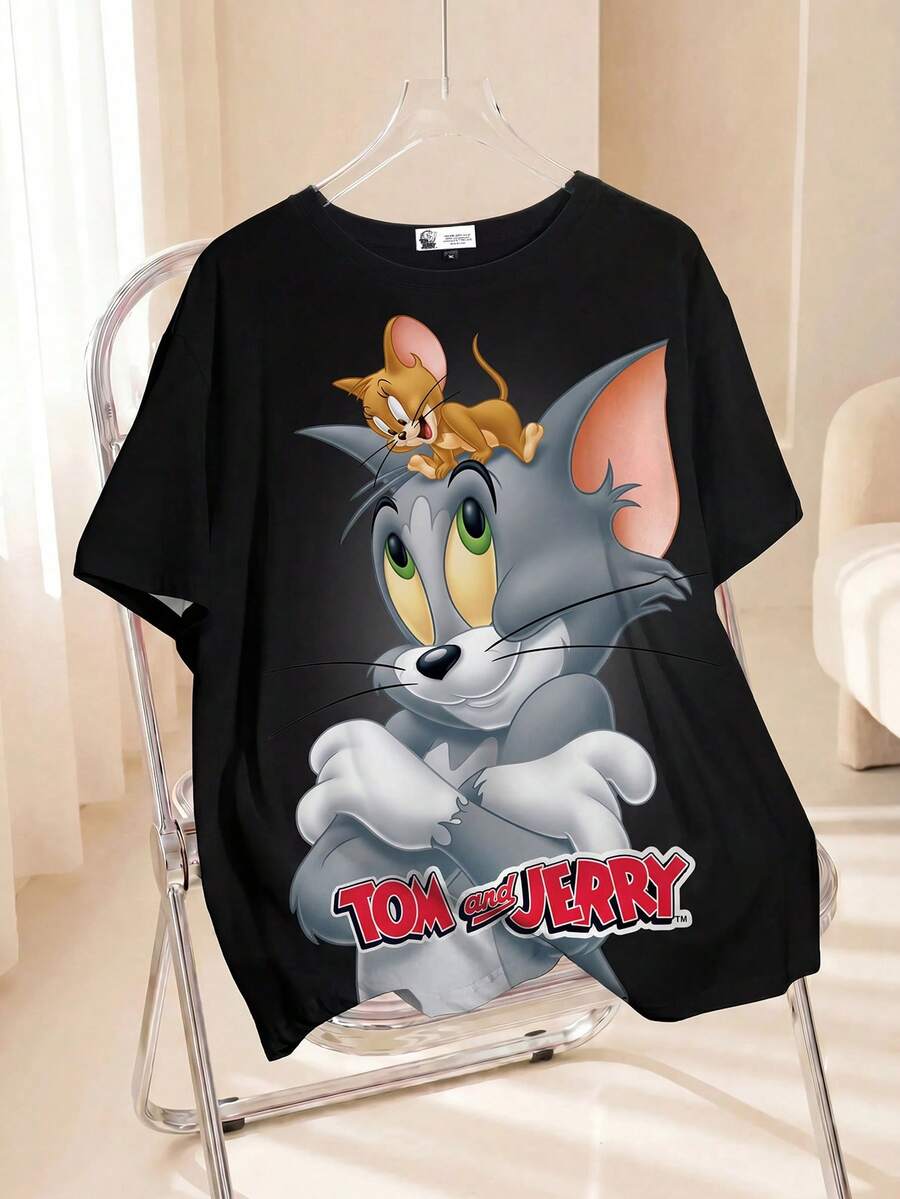 TOM & JERRY X SHEIN Plus Size Women Cute Cartoon Pattern Round Neck Short Sleeve T-Shirt, Summer Suitable For Going Out,Holiday For Women - White - View 1
