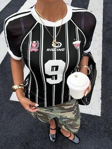 Muchica Women's Street Fashion Digital Black And White Striped Print Colorblock Round Neck Slim Fit T-Shirt School Casual Sports Streetwear Graphic Tee Top - Black - View 3