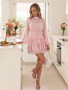 KARISMINA Women's Solid Color Pleated Stand Collar Casual Elegant Date Garden Party Tea Party Outing Mini Dress Wedding Dusty Pink Autumn - Pink - View 9