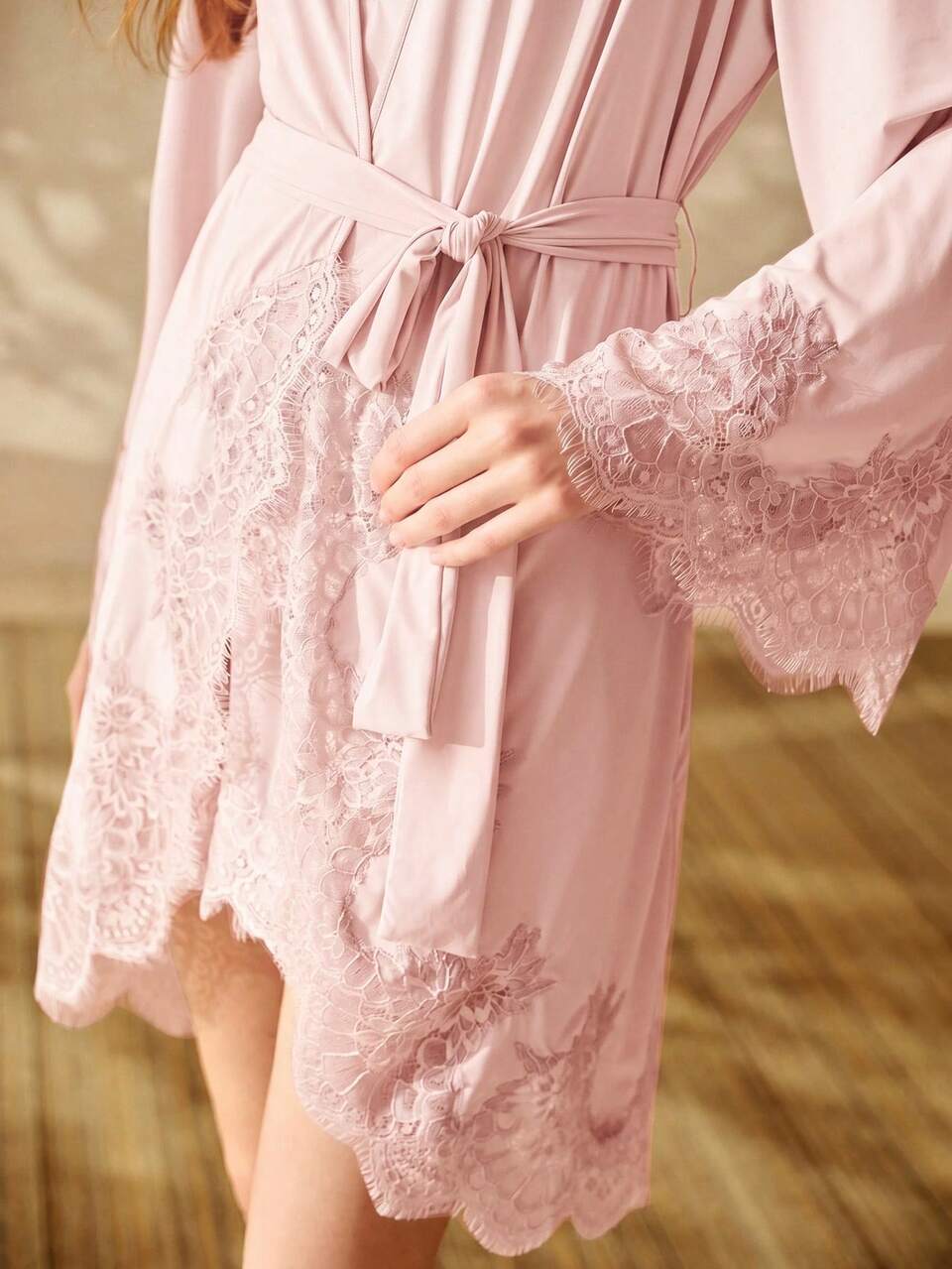 MOTF LACE PATCHWORK WAIST TIE SHORT SLIM WAIST BELTED ROBE SPRING SUMMER