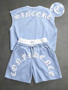 SLATEMANN Men's Summer Casual Letter Print Tank Top And Shorts Set - Baby Blue - View 1