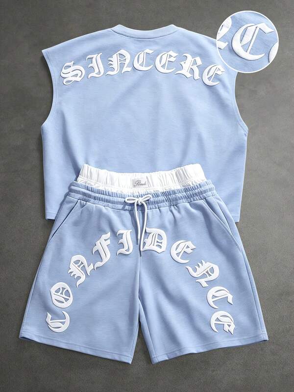 SLATEMANN Men's Summer Casual Letter Print Tank Top And Shorts Set