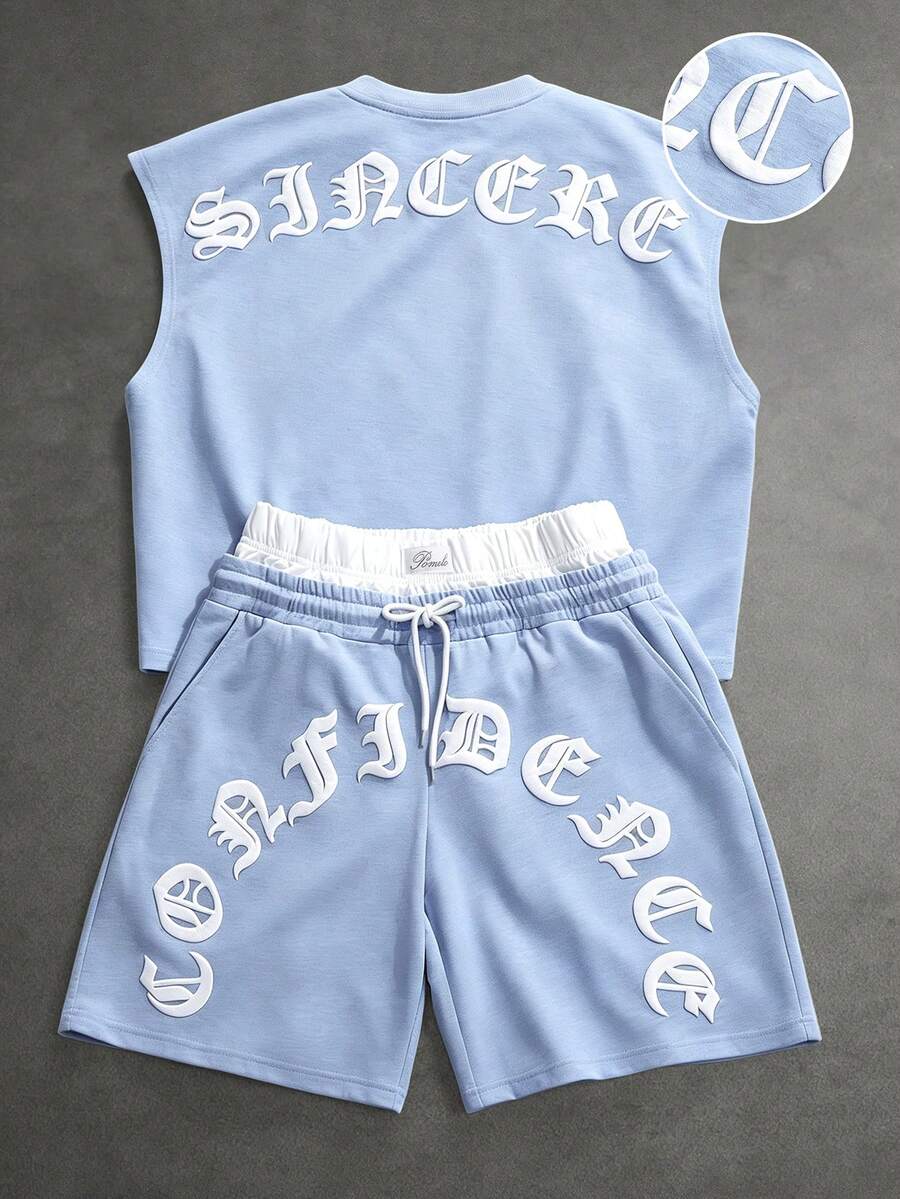 SLATEMANN Men's Summer Casual Letter Print Tank Top And Shorts Set - Baby Blue - View 1