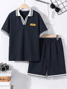 Vacaura 2件組青少年男孩休閒 Polo 衫與短褲套裝 - 灰色 - 查看 3