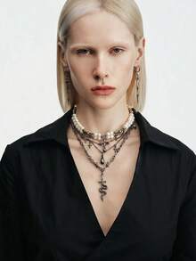 MortiRose A Fashionable Light Luxury Versatile Casual Goth Punk Spice Girl Design Feeling Water Drop Cross Multi-Layer Necklace - Gun Black - View 3
