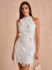 Enchnt Premium Summer Romantic Women's Elegant White Short Lace Floral Elegant Dress,Graduation Dress,Wedding Dress,Vacation Dress,Festival Outfits - White - View 7