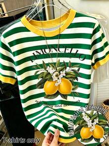 Resyla Limoncello Lemon Floral Striped Tee Women Contrast Yellow Trim Short Sleeve T-Shirt - Multicolor - View 1