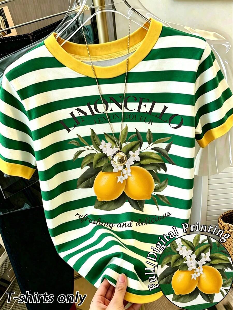 Resyla Limoncello Lemon Floral Striped Tee Women Contrast Yellow Trim Short Sleeve T-Shirt - Multicolor - View 1