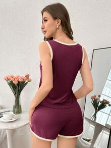 SHEIN 女款對比滾邊休閒背心與短褲家居服套裝 - 紫紅色 - 查看 2