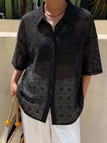 FRIFUL Women's Lace Blouse, Fashionable For Summer - Black - View 7