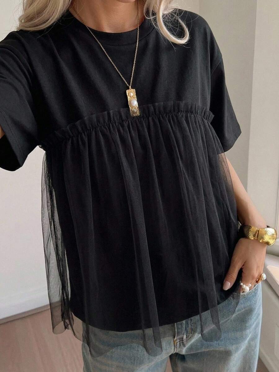 FRIFUL Women's Summer Solid Color Round Neck Short Sleeve Tee With Frill Trim, Casual,Ruffle School - Black - View 1