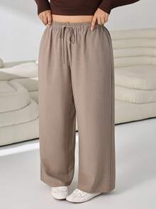 Solflare Plus Size Women's Solid Color Drawstring Waist Casual Versatile Wide Leg Pants For Daily Wear - Camel - View 7