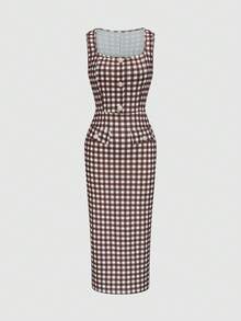 Elenzga Vintage Brown & White Plaid Square Neck Sleeveless Fitted Bodycon Elegant Midi Dress For Women - Multicolor - View 4