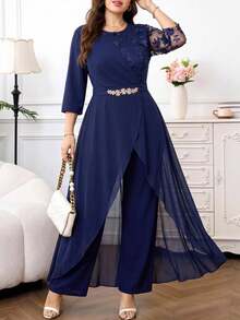 Reflora Plus Size Elegant Party 3D Floral Decor Mesh Patchwork Jumpsuit Fall - Blue - View 2