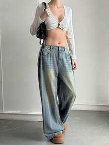 DAZY Women's Distressed Washed Faded Loose Wide Leg Jeans With Pockets, Casual Streetwear Vacation Spring Autumn Long Pants School - Blue - View 6
