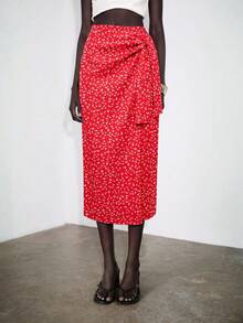 SHEIN x Tata & Beatriz Lumivelle 女款優雅深咖啡色高腰開衩綁帶抓褶不對稱緊身連身裙，度假穿搭 - 酒紅色 - 查看 3