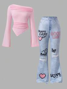SHEIN Sparklyn Tween Girls Fall Outfits Fall Tops 2pcs/Set Round Neck (Big) T-Shirt Set, Designed T-Shirt Top And Flared Printed Pants, Fall, Casual - Pink - View 1