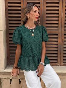 SHEIN LUNE 女款休閒刺繡夏季度假/通勤日常基礎時尚外套，泡泡袖短袖收腰可愛襯衫 - 綠色 - 查看 7