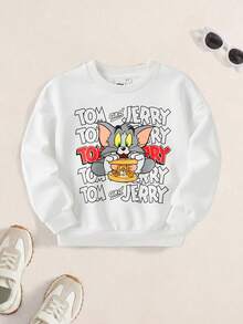 TOM & JERRY X SHEIN 年轻男孩休闲卡通字母印花宽松落肩白色运动衫，适合春秋季节 - 白色 - 查看 1