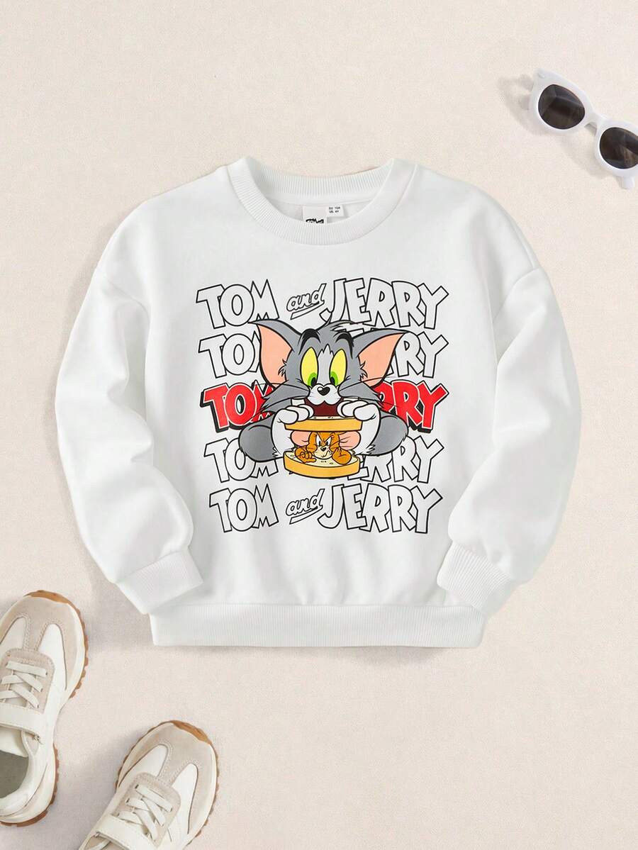 TOM & JERRY X SHEIN 年轻男孩休闲卡通字母印花宽松落肩白色运动衫,适合春秋季节 - 白色 - 查看 1