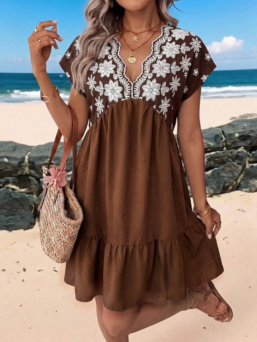 Sylviya 女款休閒熱帶風歐式性感刺繡度假夏季洋裝,海灘棕色花卉 - 棕色 - 查看 1