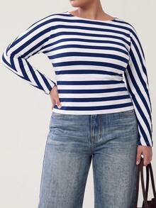 Solavibe Plus Size Navy Blue Colorblock Long Sleeve Casual Traditional T-Shirt, Ribbed Tops For Women, Blue White Stripe, Blouses Autumn Beach Formal Fall - Blue - View 7