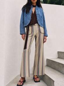 Nöista Multicolour Vertical-Stripe Wide-Leg Trousers With Front Patch Pockets. Everyday Outfits, Casual, College, Day-To-Night, Fall, Autumn, Winter. - Pink - View 5