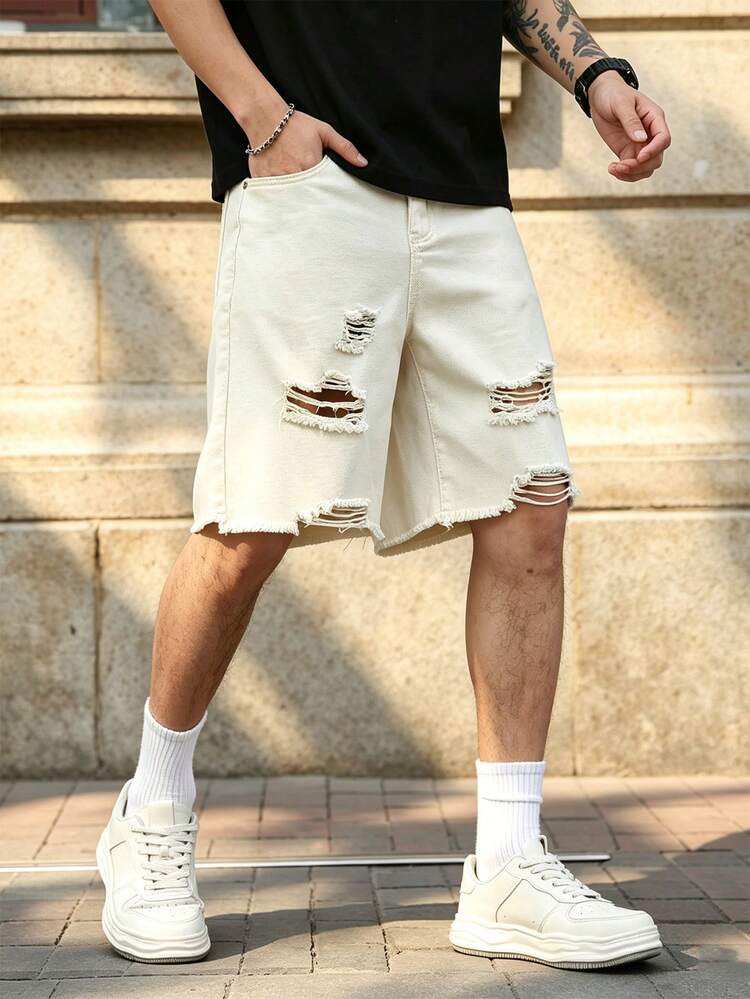 Manfinity Roghcode Men's Fashion Versatile Button Pocket Distressed Raw Hem Denim Shorts - Apricot - View 5