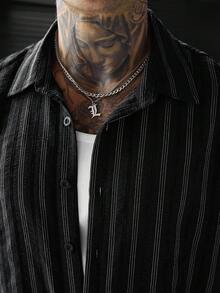 SLATEMANN 男士舒適條紋提花克ريب布短袖襯衫，休閒度假、朋友約會、雞尾酒會、沙龍、聚會、晚餐、日常辦公、極簡商務，特別適合春秋季節，適合自穿或送禮給朋友 - 黑色 - 查看 5